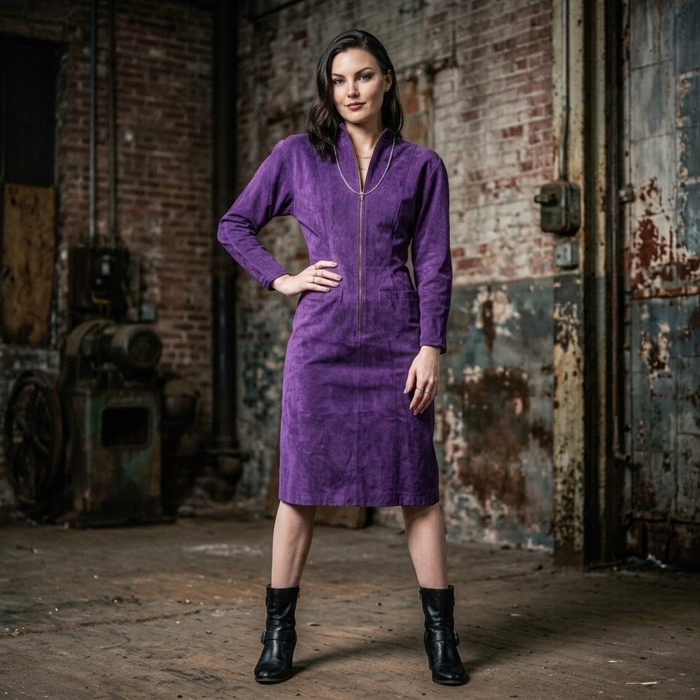 Pia Rucci Structured Purple Suede Zip Front Midi Dress Size 6 90s Dark Feminine